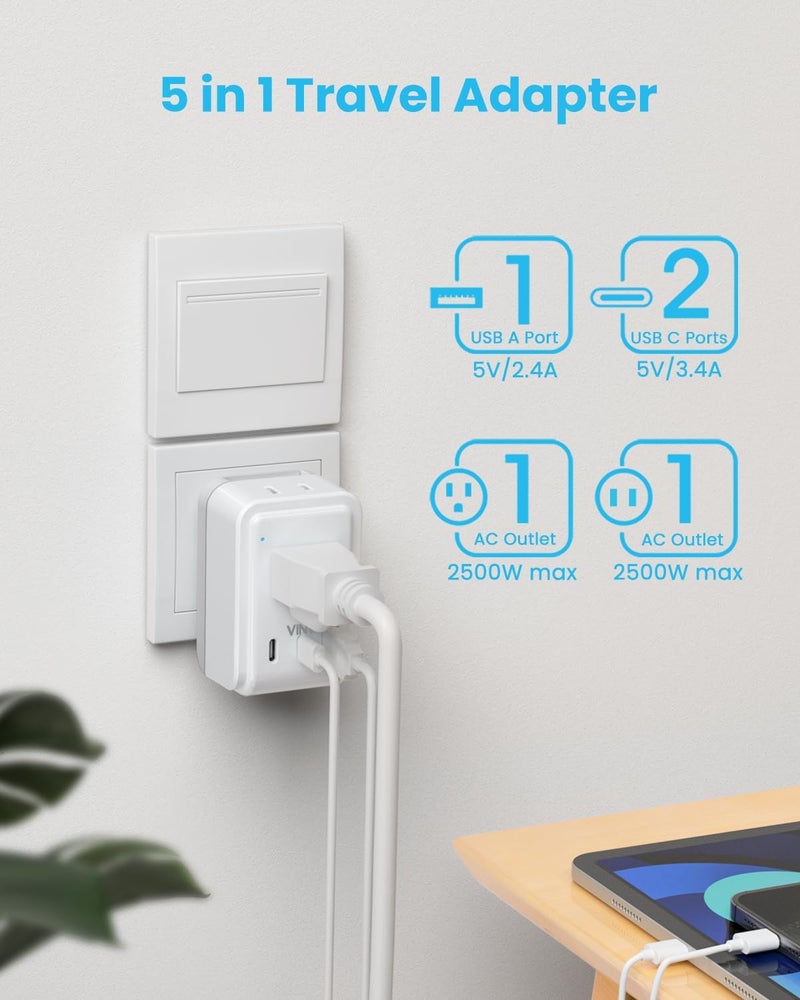VINTAR طقم محول السفر العالمي، محول طاقة دولي مع 3 منافذ USB (2 USB C) و 2 AC، ملحقات قابلة للفصل من النوع A، B، C، D، E/F، G، I، M، محول للهند/جنوب أفريقيا/أوروبا/المملكة المتحدة - Image 3